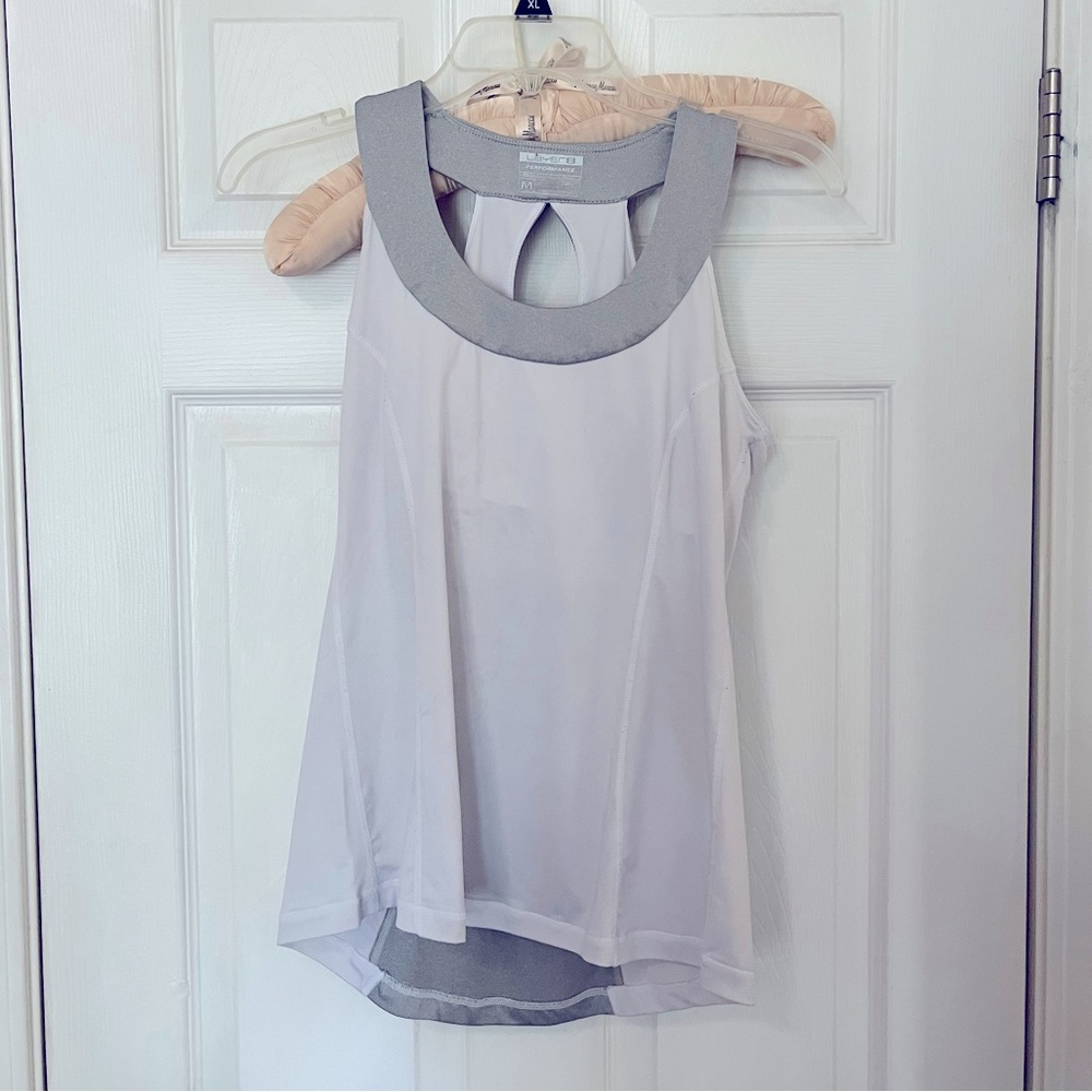 Layer 8 Performance Active M gray and white workout tank with built in shelf bra